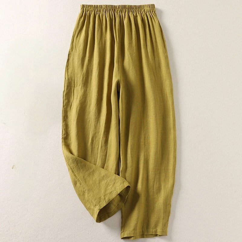 Women's Linen Wide-Leg Elastic-Waist Trousers