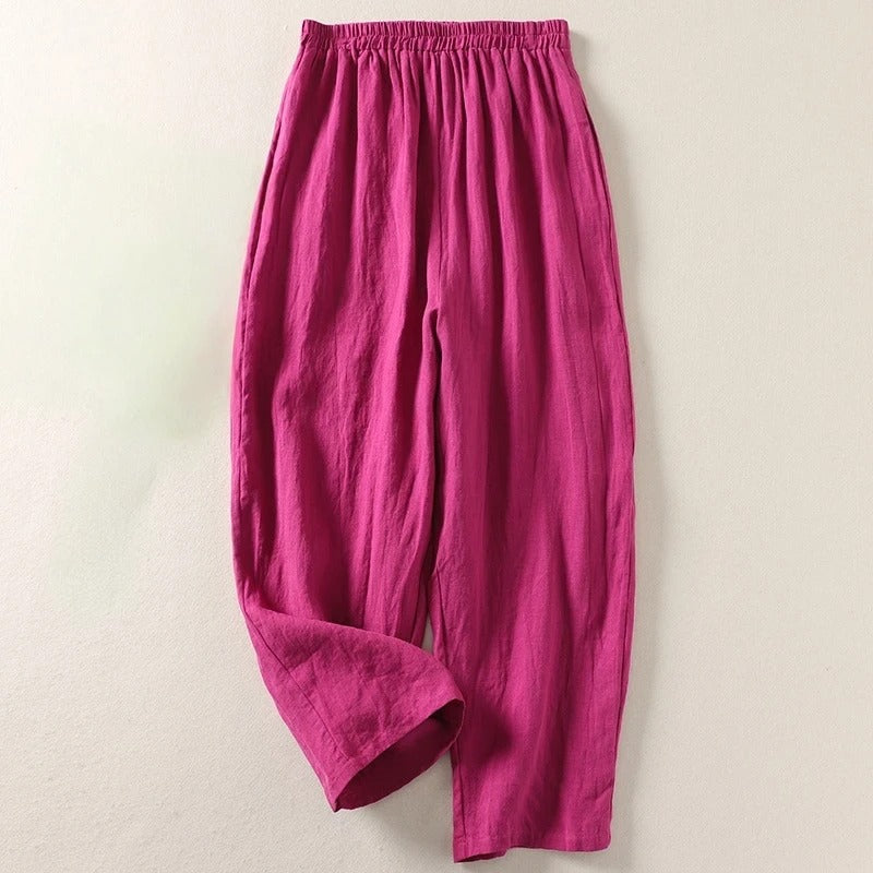 Women's Linen Wide-Leg Elastic-Waist Trousers