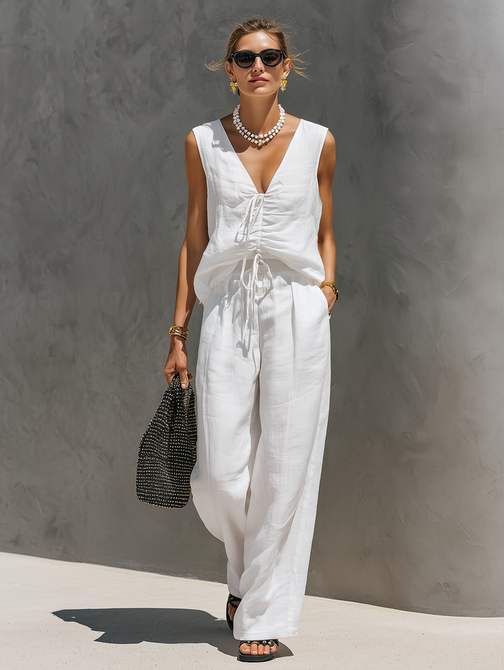 Women's Linen Two Piece Set Sleeveless Wide Leg Pants Outfit
