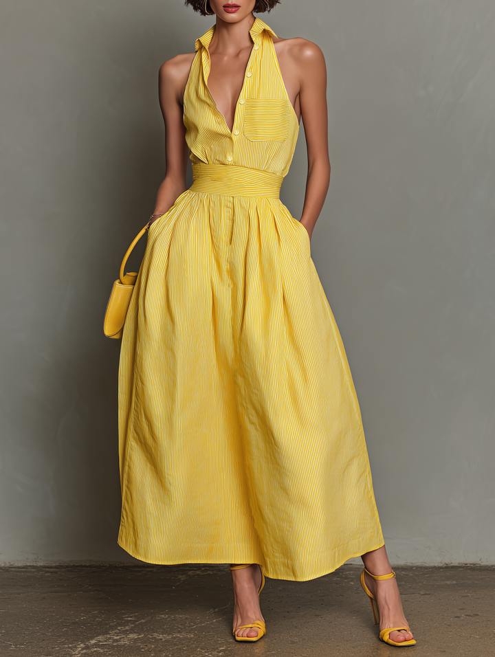 Women's Rayon Blend Lapel Sleeveless Pleated Maxi Dress