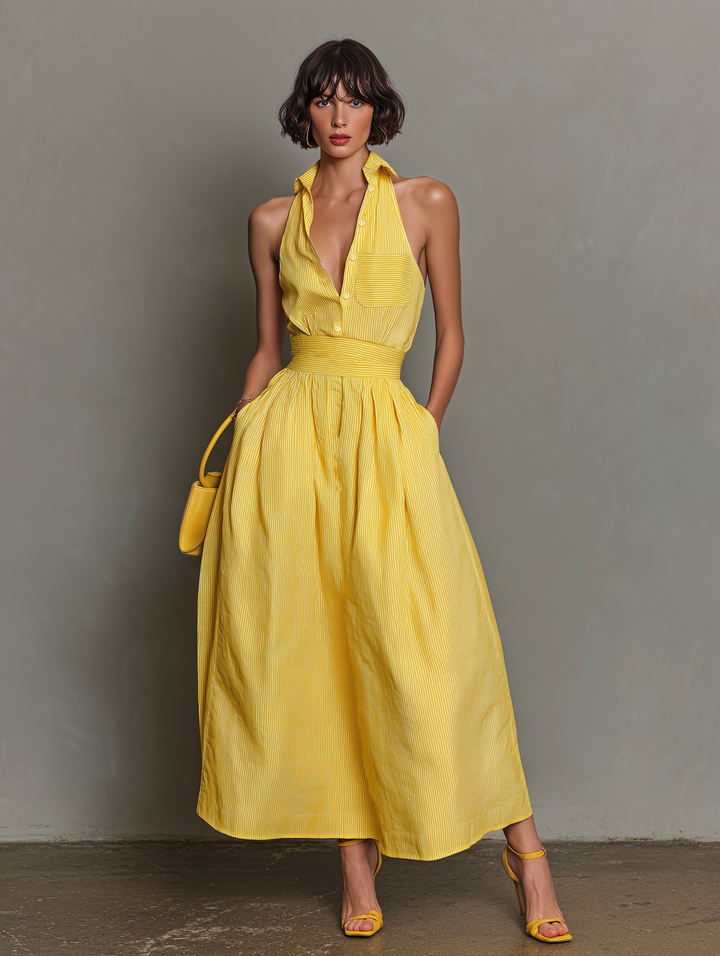 Women's Rayon Blend Lapel Sleeveless Pleated Maxi Dress