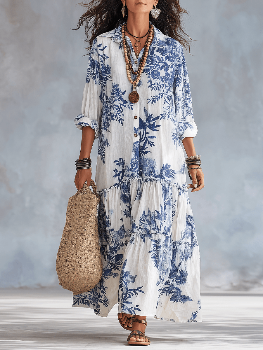 Women's Linen Floral Long Sleeve Shirt Boho Tiered Maxi Dress 