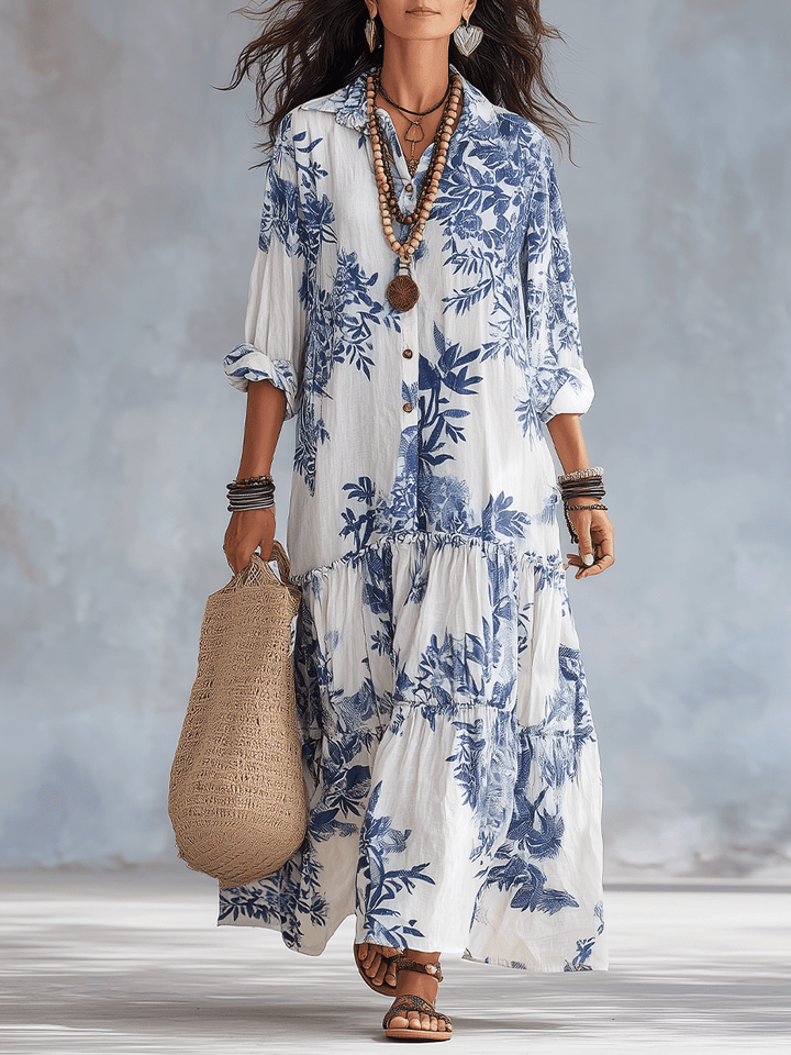 Women's Linen Floral Long Sleeve Shirt Boho Tiered Maxi Dress 