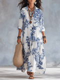 Women's Linen Floral Long Sleeve Shirt Boho Tiered Maxi Dress 