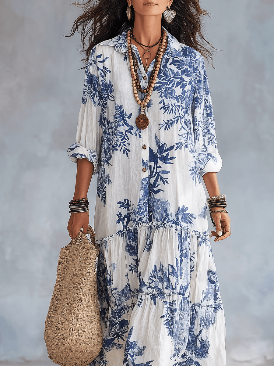 Women's Linen Floral Long Sleeve Shirt Boho Tiered Maxi Dress 
