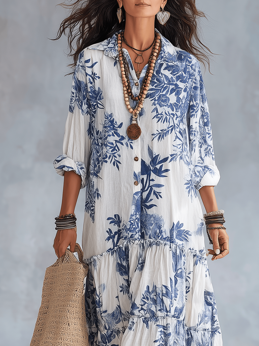 Women's Linen Floral Long Sleeve Shirt Boho Tiered Maxi Dress 