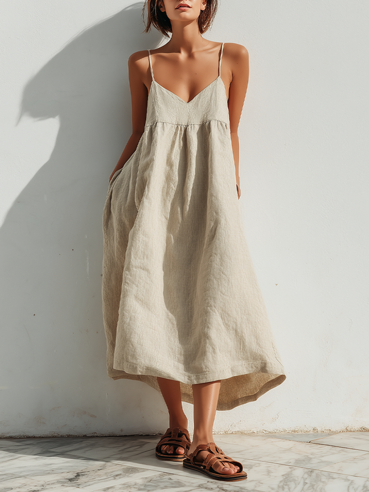 Women's Linen Blend Casual Loose Strap A-Line Maxi Dress