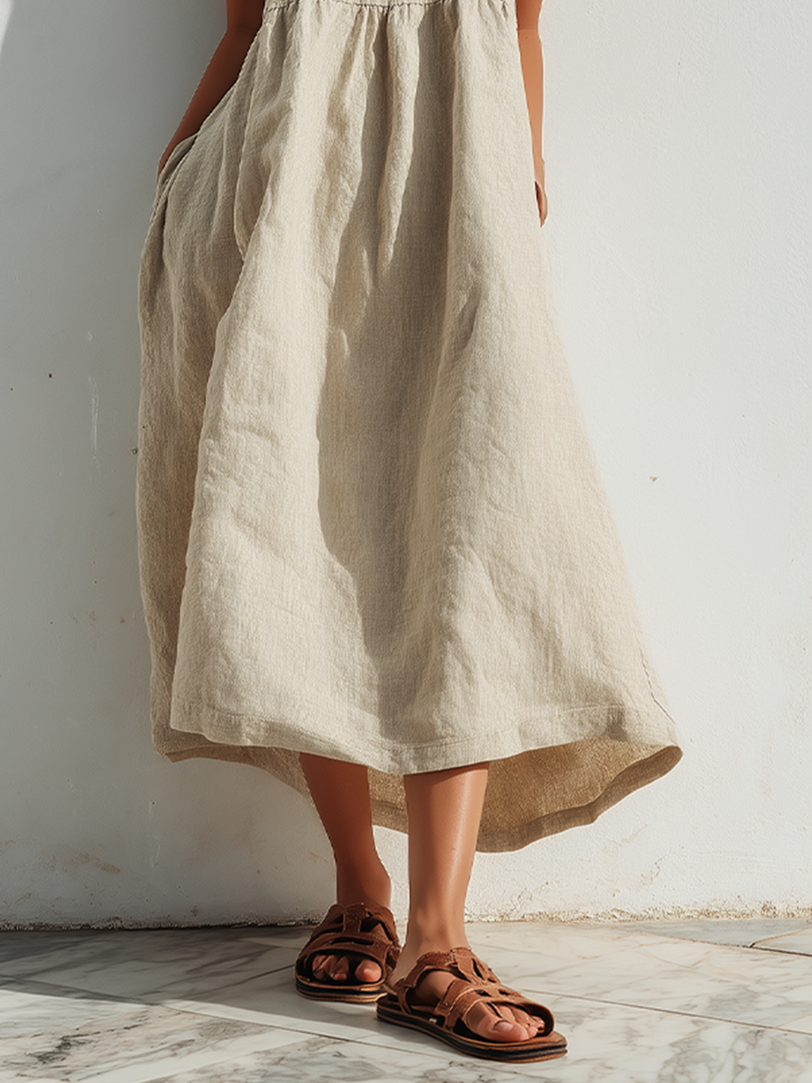 Women's Linen Blend Casual Loose Strap A-Line Maxi Dress