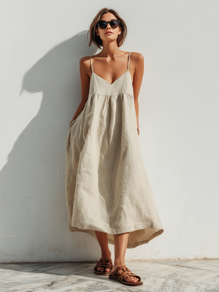 Women's Linen Blend Casual Loose Strap A-Line Maxi Dress