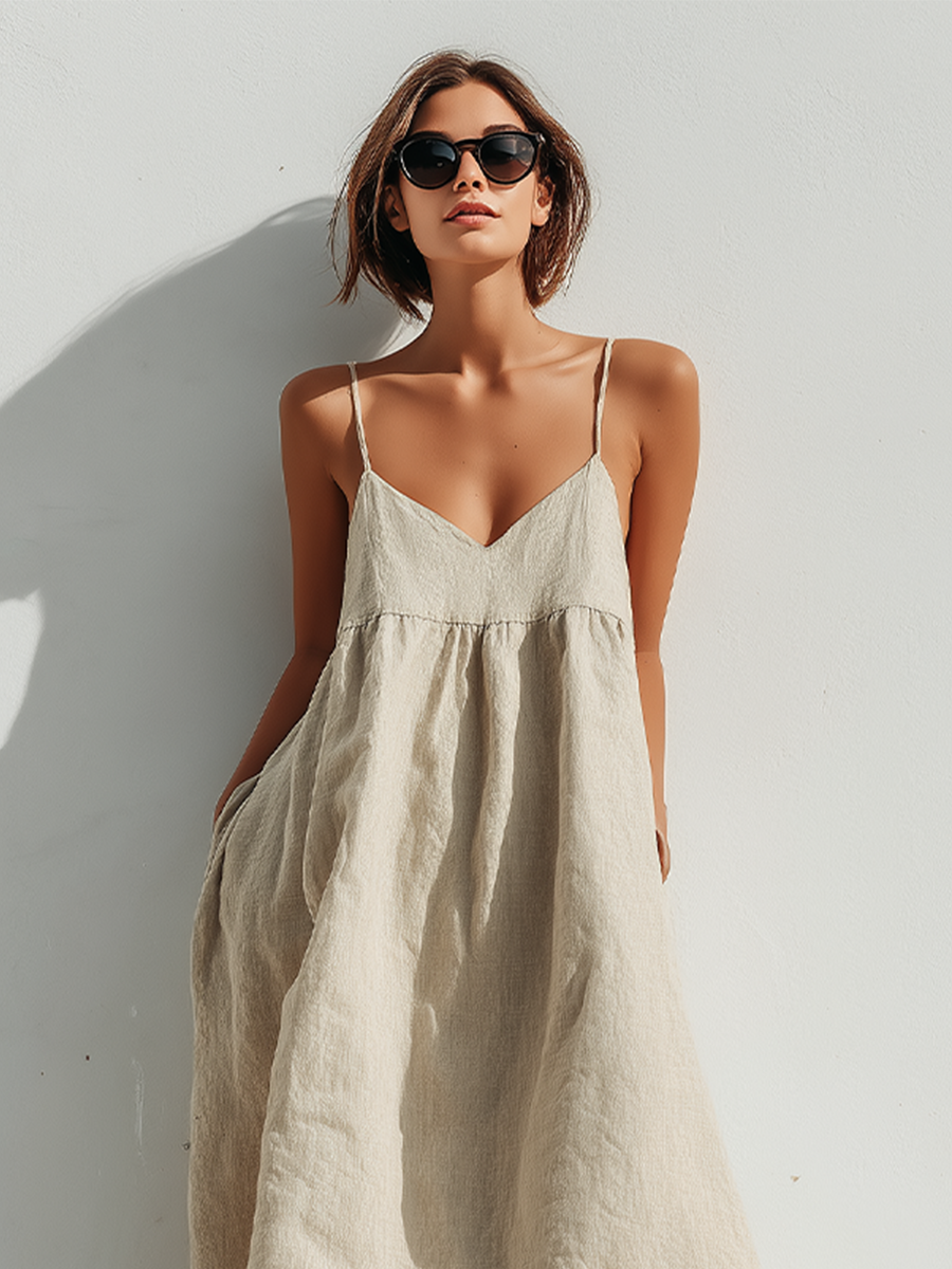 Women's Linen Blend Casual Loose Strap A-Line Maxi Dress