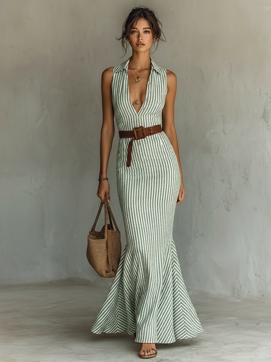 Women's Linen V-Neck Sleeveless Fishtail Maxi Dress