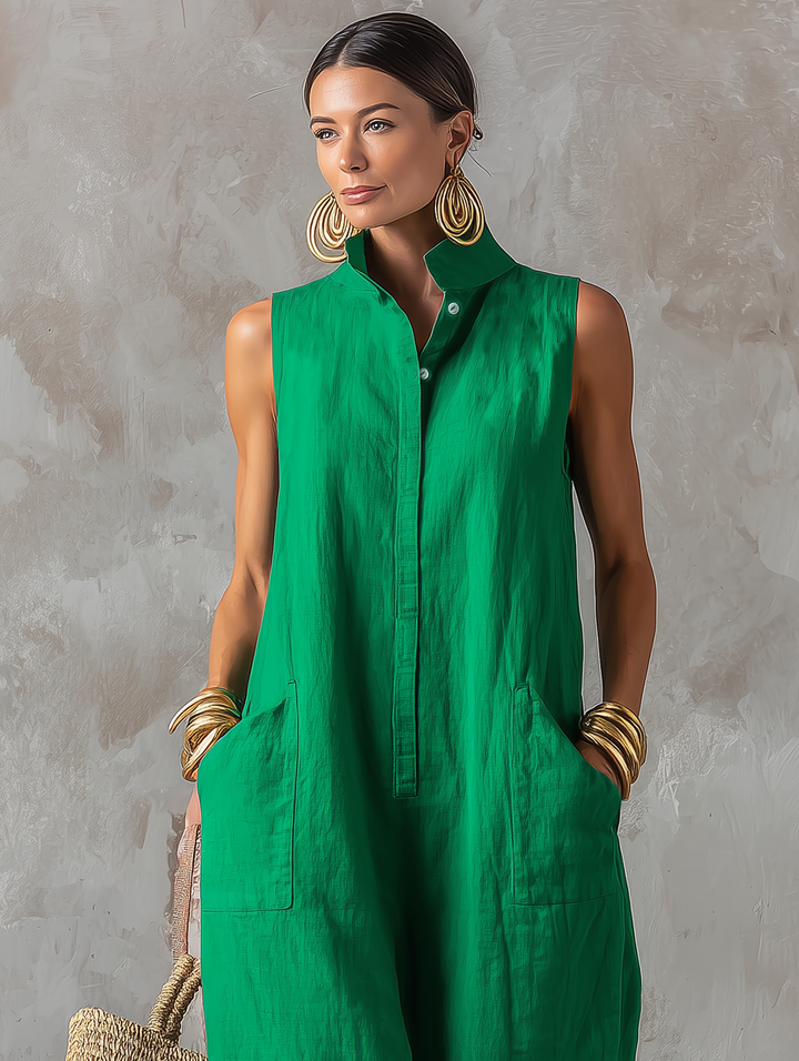 Women's Linen Sleeveless Stand Collar Wide Leg Jumpsuit