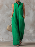 Women's Linen Sleeveless Stand Collar Wide Leg Jumpsuit