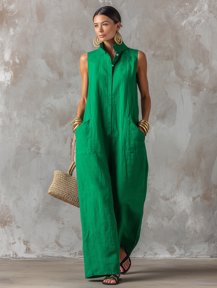 Women's Linen Sleeveless Stand Collar Wide Leg Jumpsuit