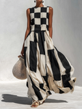 Női ujjatlan, lenvászonból készült, geometrikus patchwork mintás, lenge maxi ruha