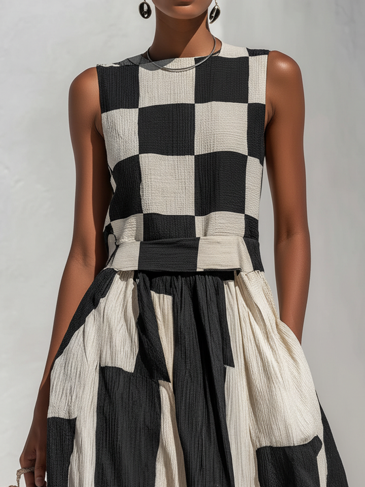 Női ujjatlan, lenvászonból készült, geometrikus patchwork mintás, lenge maxi ruha