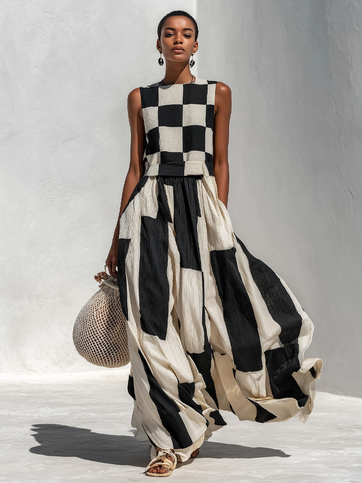 Női ujjatlan, lenvászonból készült, geometrikus patchwork mintás, lenge maxi ruha