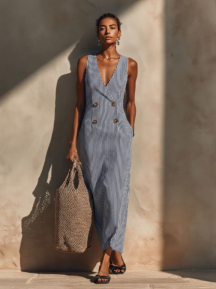 Women's Striped Wrap Maxi Dress Linen Sleeveless Sundress
