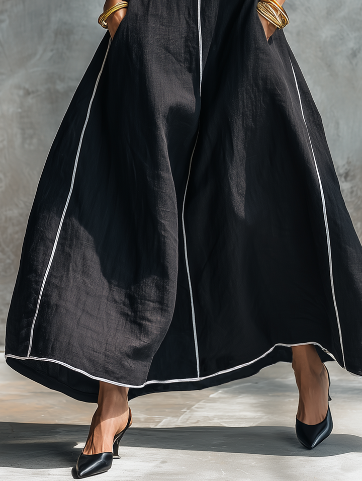 Women's Linen Blend Contrast Trim Sleeveless A-Line Maxi Dress