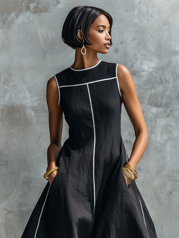 Women's Linen Blend Contrast Trim Sleeveless A-Line Maxi Dress