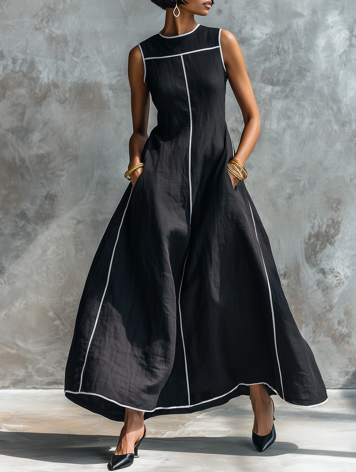 Women's Linen Blend Contrast Trim Sleeveless A-Line Maxi Dress