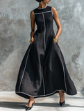 Women's Linen Blend Contrast Trim Sleeveless A-Line Maxi Dress