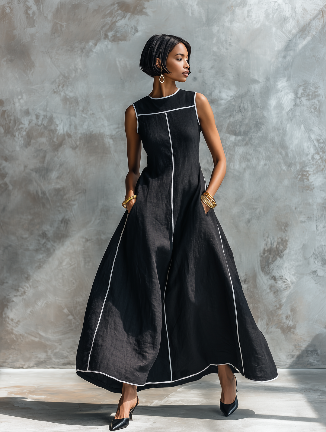 Women's Linen Blend Contrast Trim Sleeveless A-Line Maxi Dress