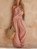 Women's Linen Blend One Shoulder Two Piece Set Wide Leg Pants