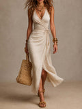 Women's Satin Split Evening Gown Formal Party Maxi Dress