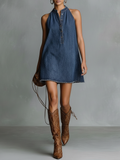 Women's Denim Halter Swing Mini Dress A-Line Sundress