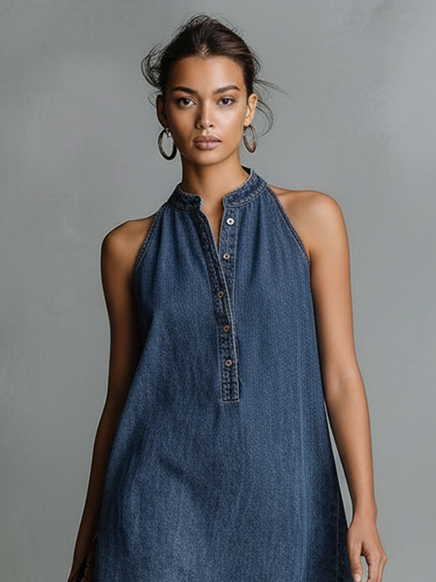 Women's Denim Halter Swing Mini Dress A-Line Sundress
