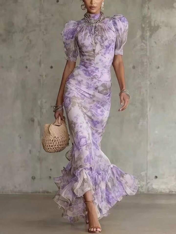 Women's Chiffon Floral Puff Sleeve Mermaid Maxi Dress