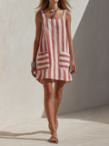Women's Linen Striped Square Neck Casual Mini Dress