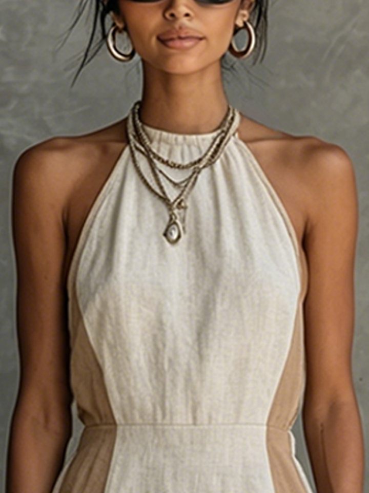 Women's Linen Blend Halter Neck Mini Dress