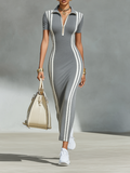 Women's Knit Ribbed Zip Polo Bodycon Maxi Dress