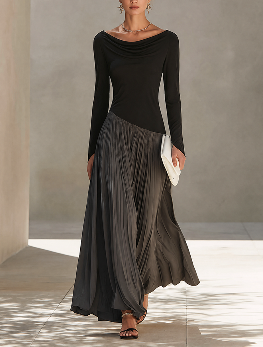 Women's Knit Blend Long Sleeve Pleated Maxi Dress