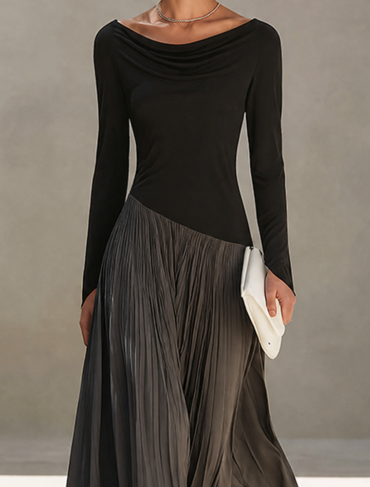Women's Knit Blend Long Sleeve Pleated Maxi Dress