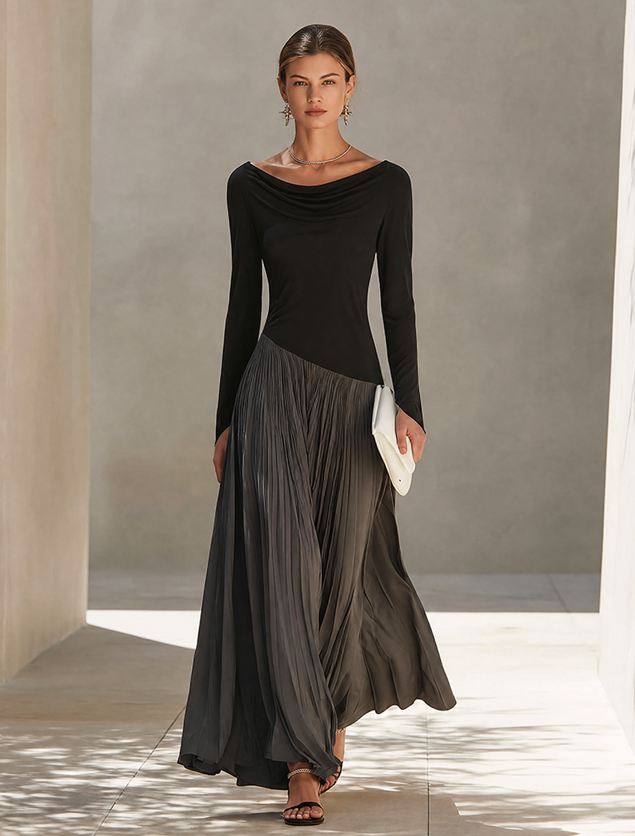 Women's Knit Blend Long Sleeve Pleated Maxi Dress
