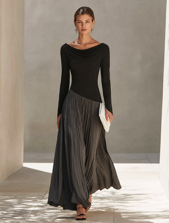Women's Knit Blend Long Sleeve Pleated Maxi Dress