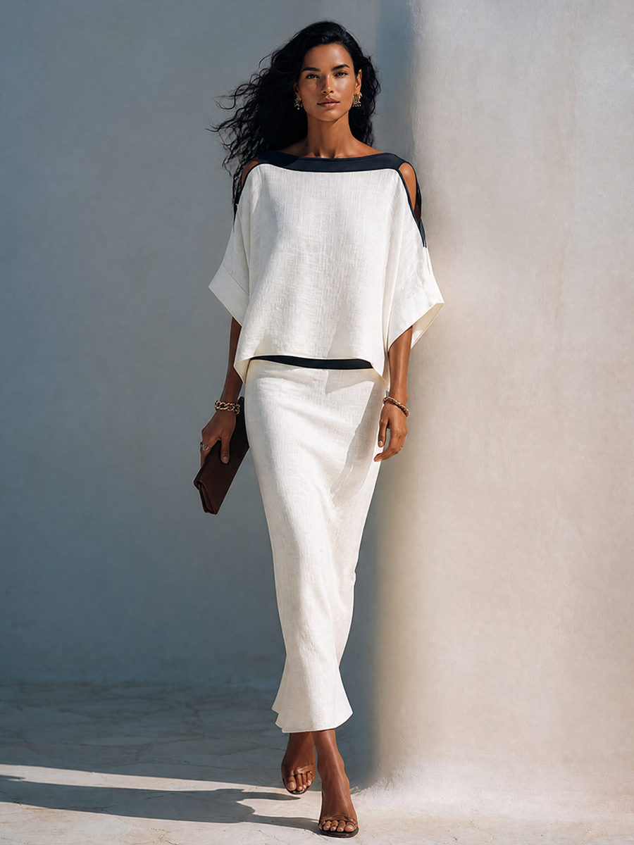 Women's Linen Blend Cold Shoulder Top and Skirt Two Piece Set