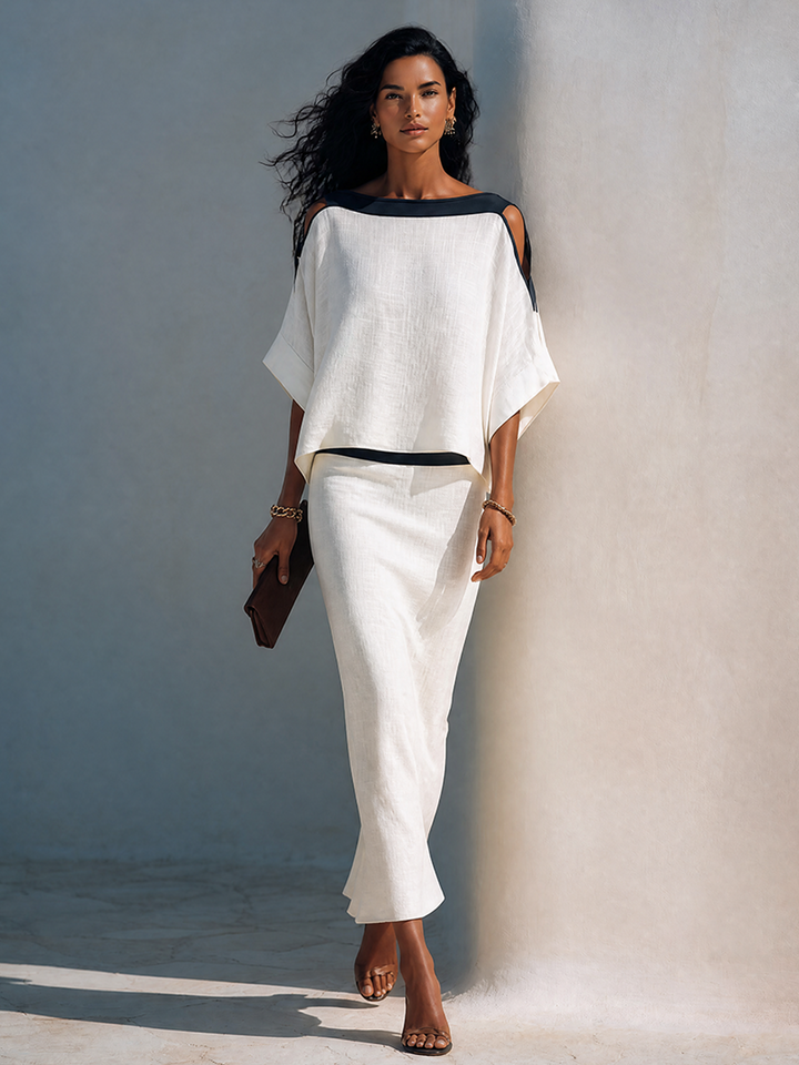 Women's Linen Blend Cold Shoulder Top and Skirt Two Piece Set