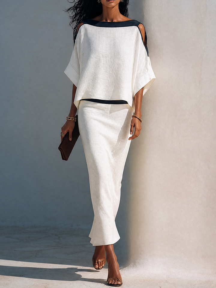 Women's Linen Blend Cold Shoulder Top and Skirt Two Piece Set