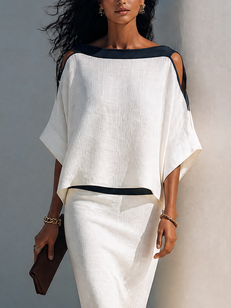 Women's Linen Blend Cold Shoulder Top and Skirt Two Piece Set