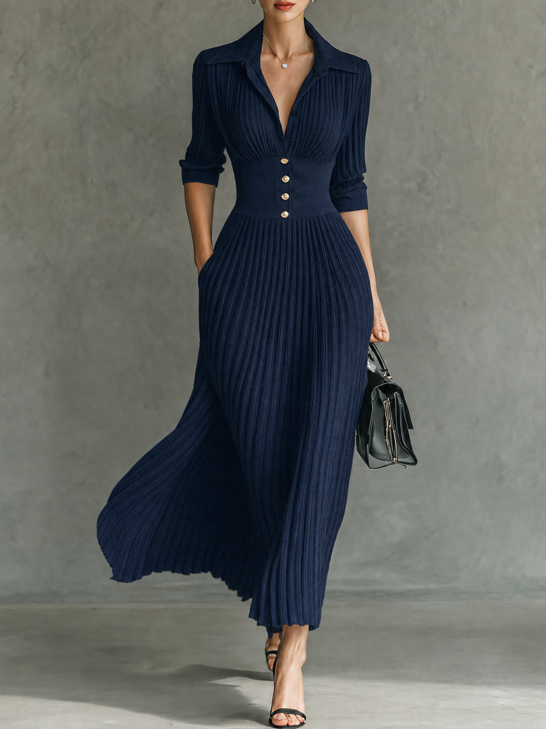 Women's Silk Elegant Office Midi A-Line Shirt Dress