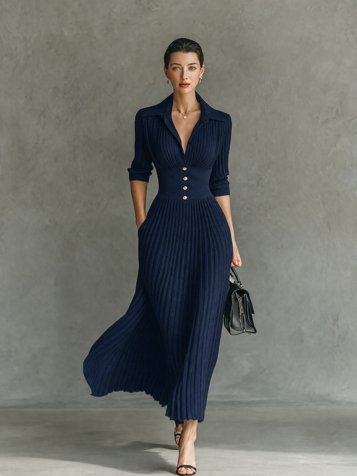 Women's Silk Elegant Office Midi A-Line Shirt Dress