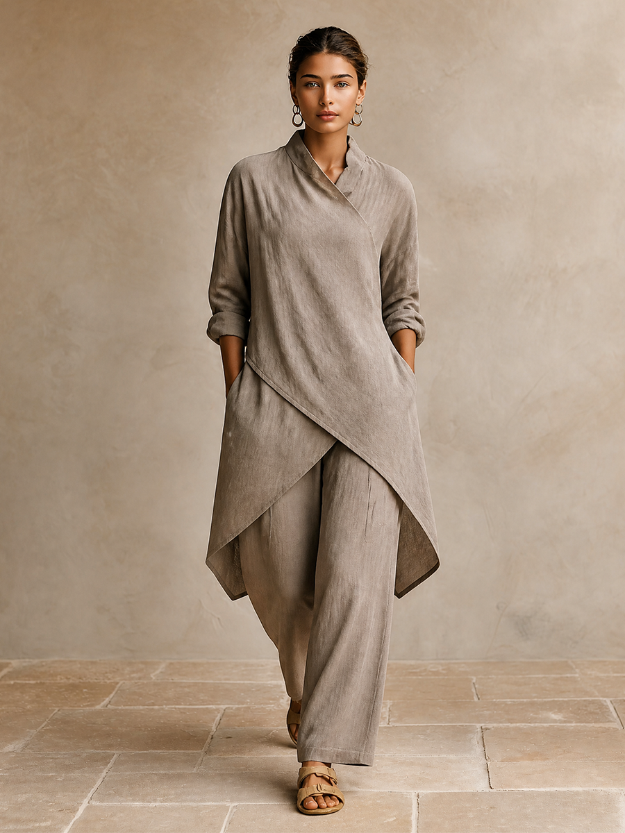 Women's Linen Asymmetrical Tunic Top and Wide Leg Pants Set