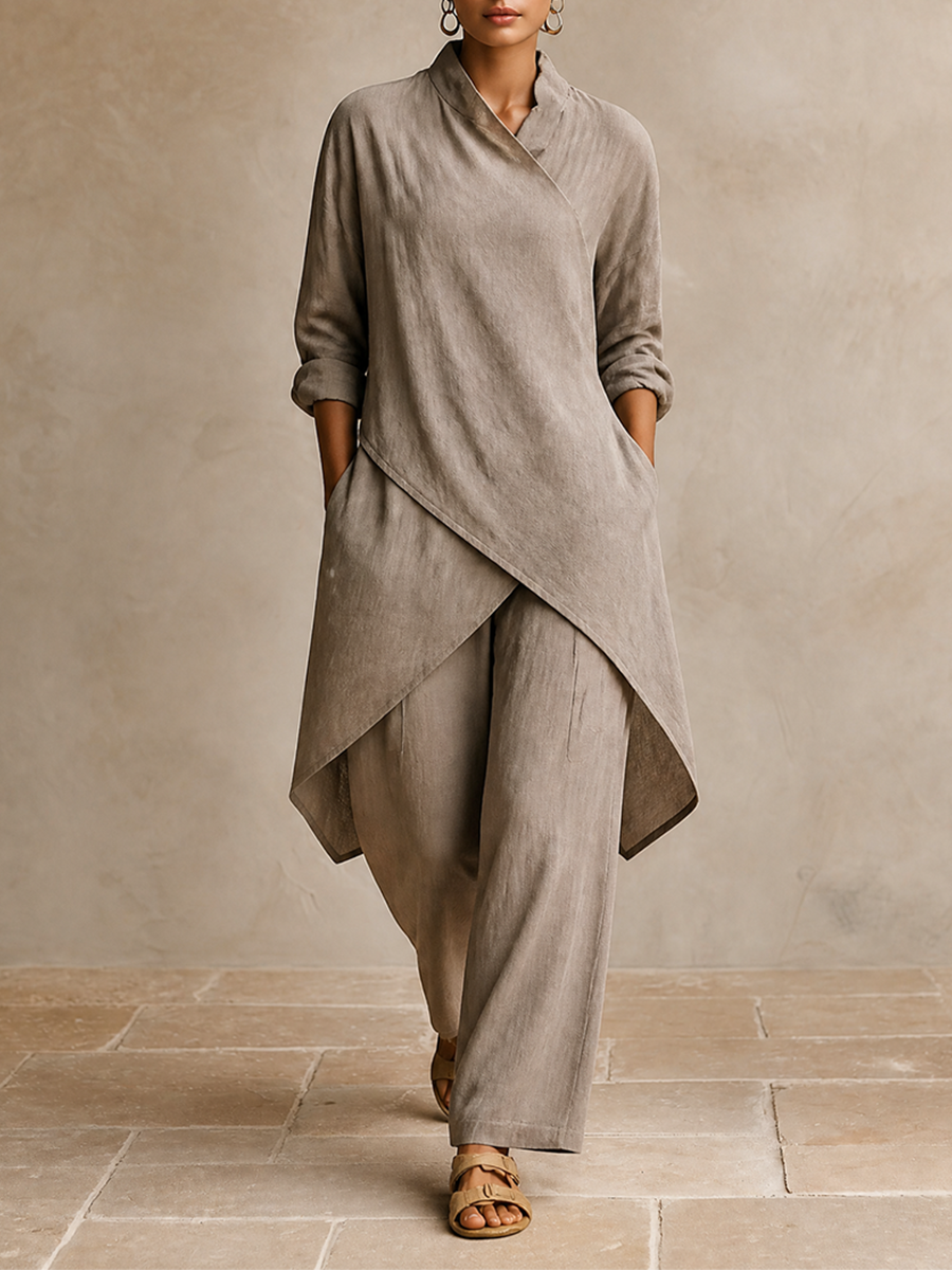 Women's Linen Asymmetrical Tunic Top and Wide Leg Pants Set