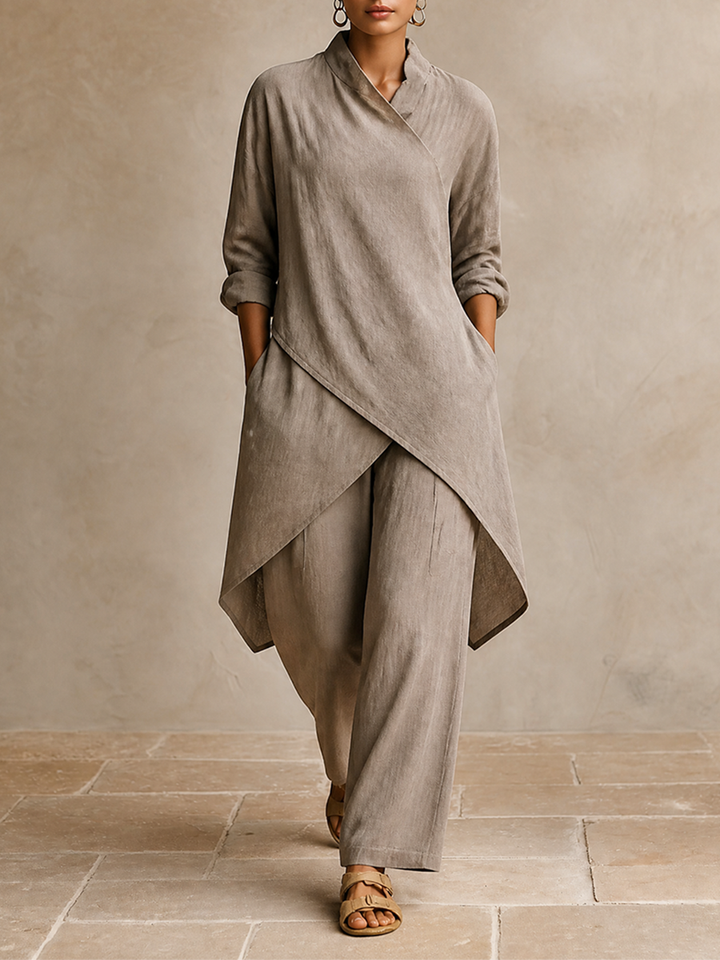 Women's Linen Asymmetrical Tunic Top and Wide Leg Pants Set