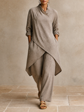 Women's Linen Asymmetrical Tunic Top and Wide Leg Pants Set