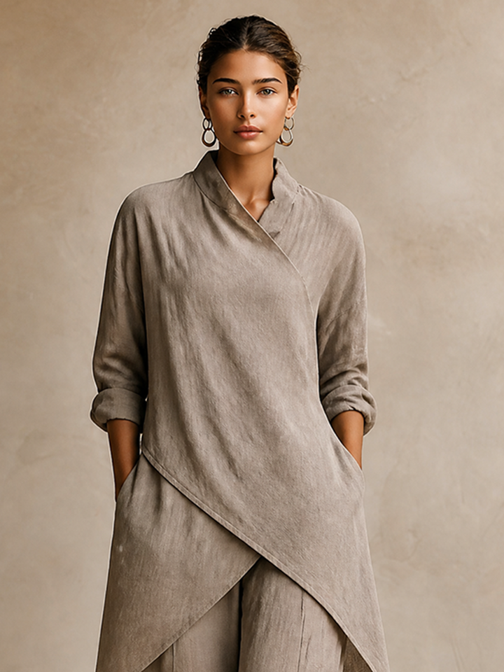 Women's Linen Asymmetrical Tunic Top and Wide Leg Pants Set